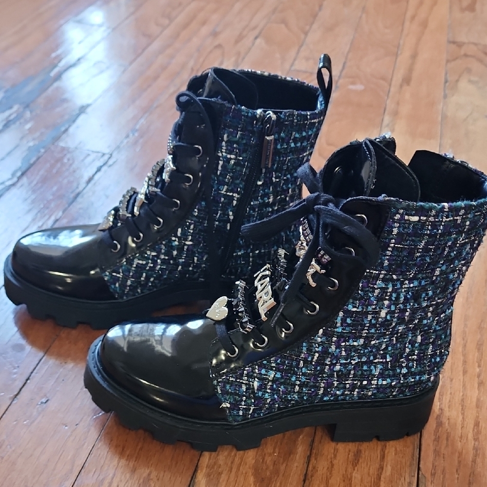 Karl Lagerfeld Tweed Combat Boots - Black and Blue